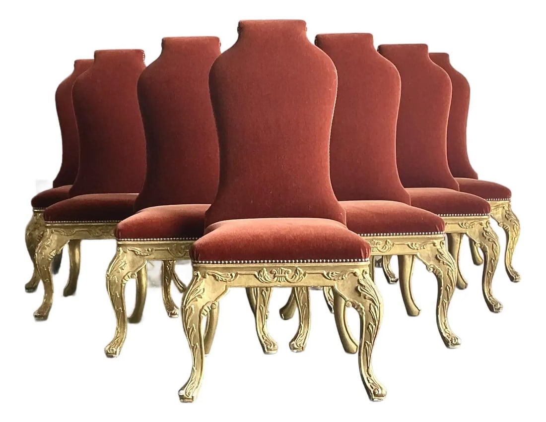 Set of 10 Baroque Style Dining Chairs in the Manner of Dennis and Leen: Set of 10 Baroque Style Dining Chairs in the Manner of Dennis and Leen This set of ten vintage dining chairs by Dennis & Leen showcases Baroque Revival design with a Hollywood Regency influence. Each 