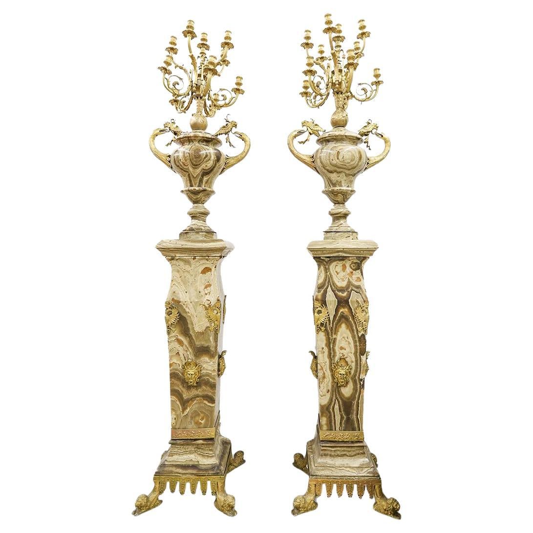 Set of 2 Large Gilt Bronze Onyx Floor Candelabra with Marble Bases: Set of 2 Large Gilt Bronze Onyx Floor Candelabra with Marble Bases This is a pair of monumental late 19th-century floor candelabra, each featuring eleven candle holders. The candelabra are crafted fro
