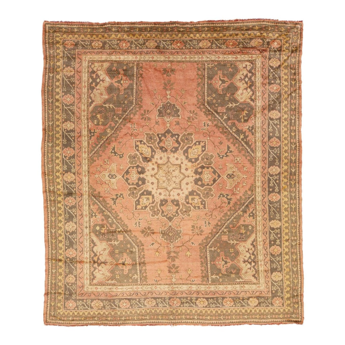 Peach Wool Antique Oushak Rug with Medallion and Floral Patterns 9'7 x 11'3: Peach Wool Antique Oushak Rug with Medallion and Floral Patterns 9'7 x 11'3 This antique Oushak rug is handwoven from wool and features a luminous patina in soft, earthy peach tones. Showcasing large-