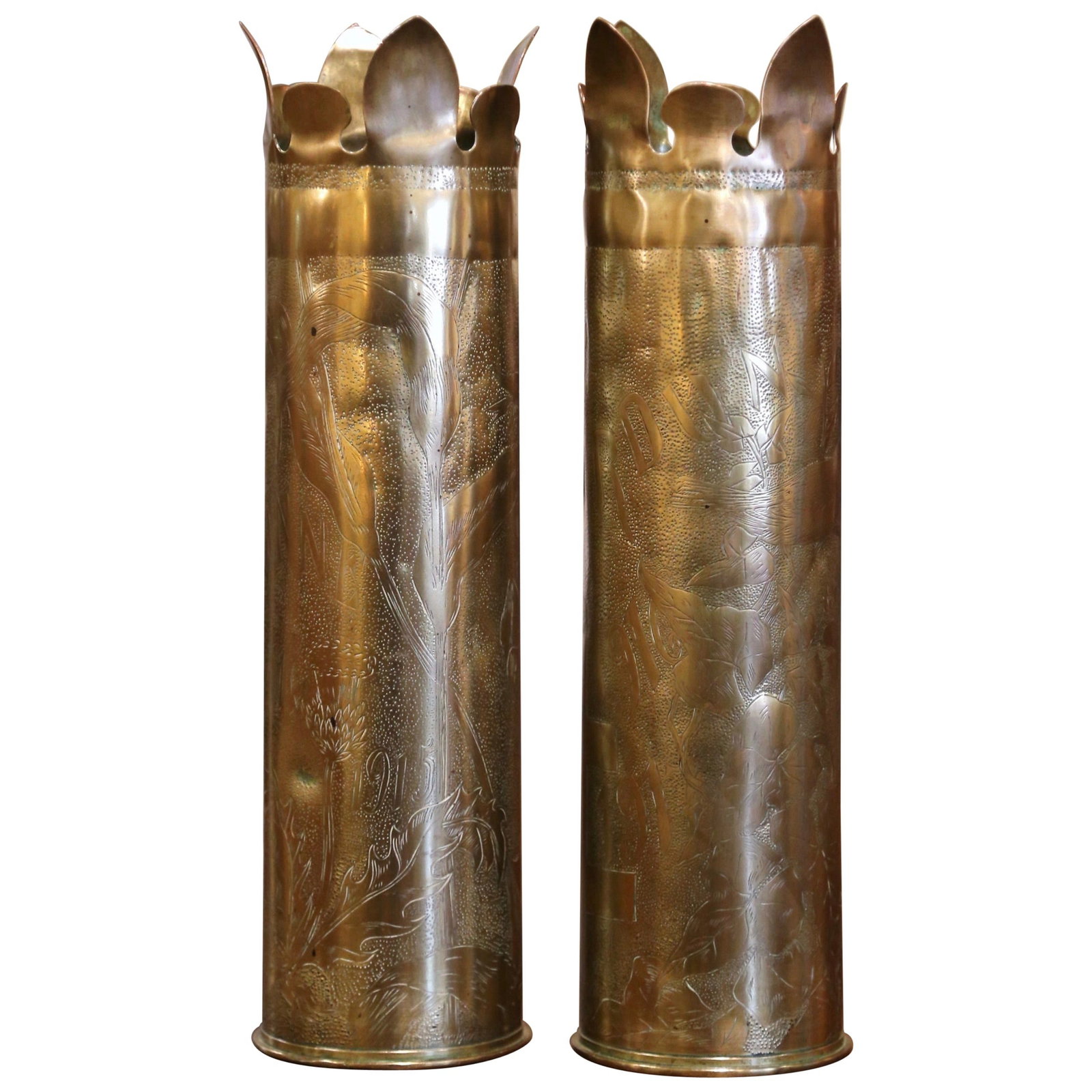 Set of 2 WWI French Brass Shell Casings with Argonne and Verdun Design: Set of 2 WWI French Brass Shell Casings with Argonne and Verdun Design Enhance your office or study with this pair of antique trench art shell casings from World War One, crafted in France circa 1916.