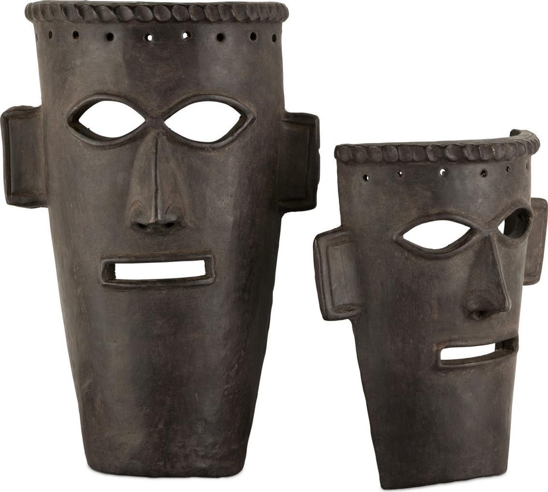 Currey Handcrafted Etu Mask Set Dark Brown Clay 19H 13W 6D: Currey Handcrafted Etu Mask Set Dark Brown Clay 19H 13W 6D Introducing a stunning handcrafted etu mask set that adds a touch of artistic flair to your decor. This unique collection features two sizes: