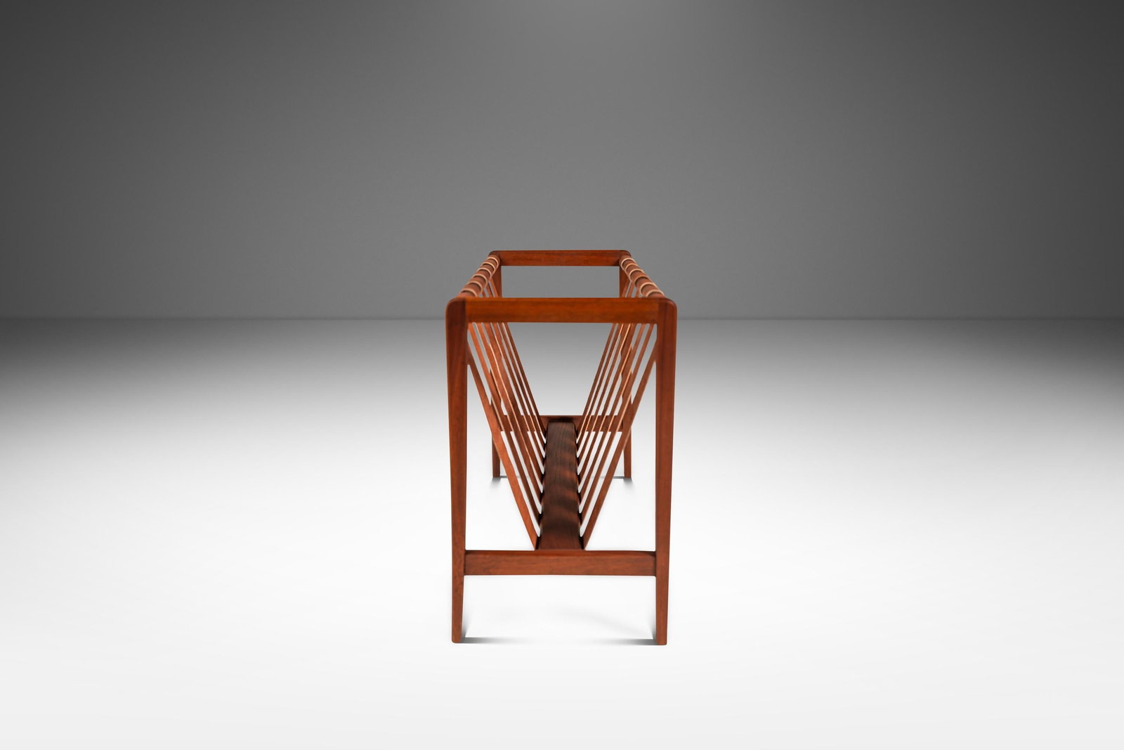 Danish Mid-Century Brutalist Magazine Rack Solid Teak Leather Straps 1960s (1 of 10)