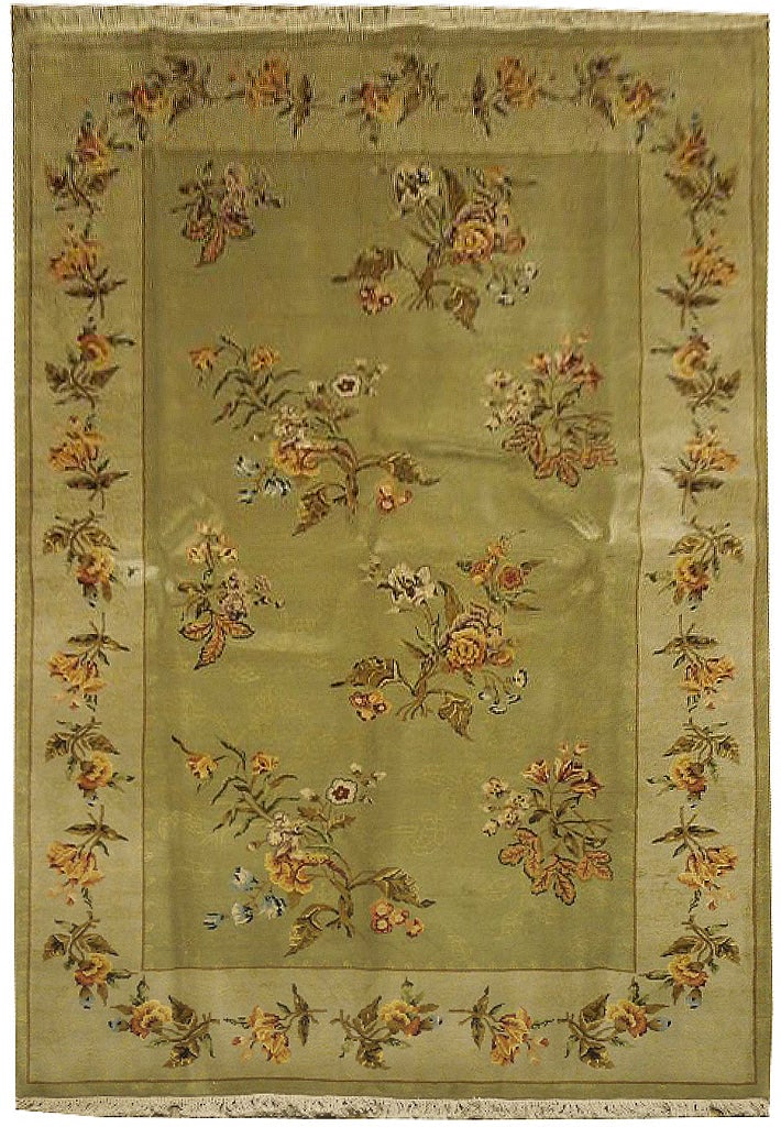 5.8 x 9 Art Deco Hand-Knotted Wool Silk Rug Green: 5.8 x 9 Art Deco Hand-Knotted Wool Silk Rug Green Free continental US Shipping Enhance your home decor with this exquisite Art Deco pattern rug, meticulously hand-knotted from a luxurious blend of woo