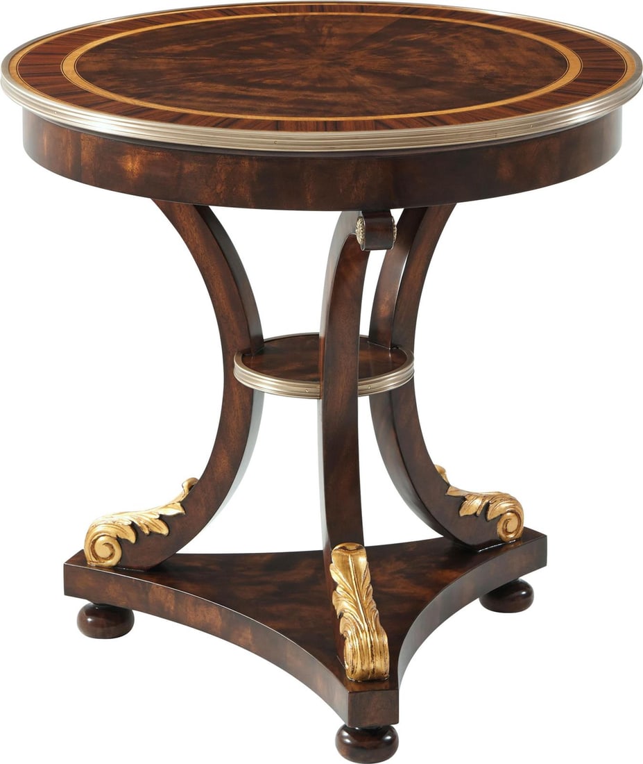 Theodore Alexander Regency Flame Mahogany Brass Drinks Table: Theodore Alexander Regency Flame Mahogany Brass Drinks Table Add a touch of elegance to your space with this Vintage Style Flame Mahogany Brass Edge Table. Crafted in a striking Regency style, this dr