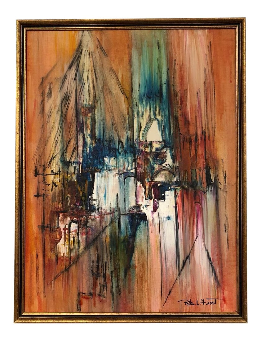 Mid Century Modern Abstract Oil Painting by Rita Frost: Mid Century Modern Abstract Oil Painting by Rita Frost Discover a stunning mid-century modern abstract oil painting by Rita Frost, featuring a vibrant palette of rich blues and reds that captivates th