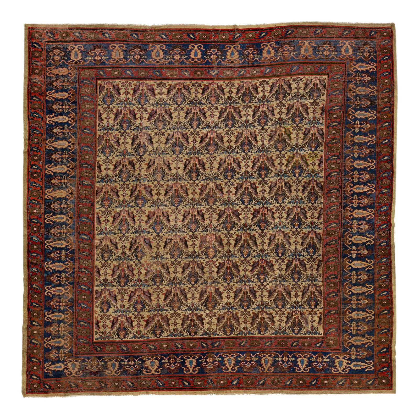 1920s Antique Agra Wool Rug 12' x 12' Brown Floral Design: 1920s Antique Agra Wool Rug 12' x 12' Brown Floral Design This stunning 1920s square Indian Agra wool rug showcases a rich brown color field adorned with intricate blue and rust motifs, creating a tim