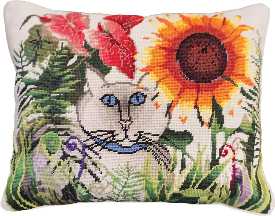 Handmade Cat Floral Needlepoint Pillow 16x20 Decorative Accent (1 of 1)