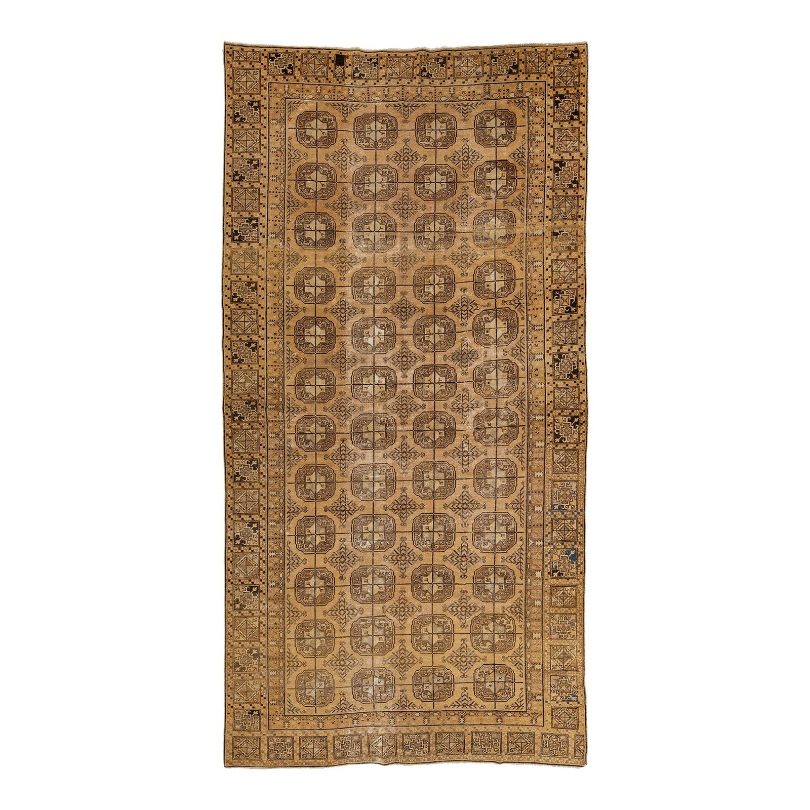 1900s Antique Khotan Handmade Wool Rug Tan Geometric 6'6 x 13'3: 1900s Antique Khotan Handmade Wool Rug Tan Geometric 6'6 x 13'3 Discover the elegance of this antique Khotan hand-knotted wool rug, showcasing a stunning tan field adorned with geometric patterns in s