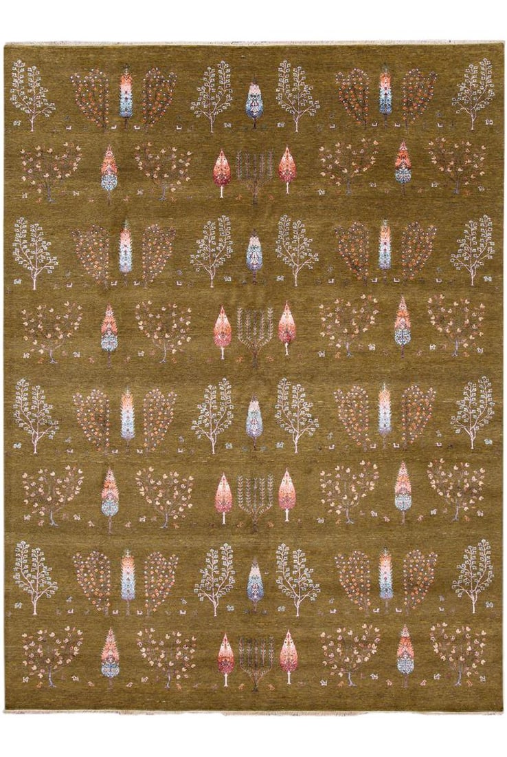 Contemporary 9' x 12' Indian Gabbeh Style Wool Rug: Contemporary 9' x 12' Indian Gabbeh Style Wool Rug This stunning contemporary Gabbeh style rug features a vibrant green field complemented by an intricate all-over multi-color design, making it a stri