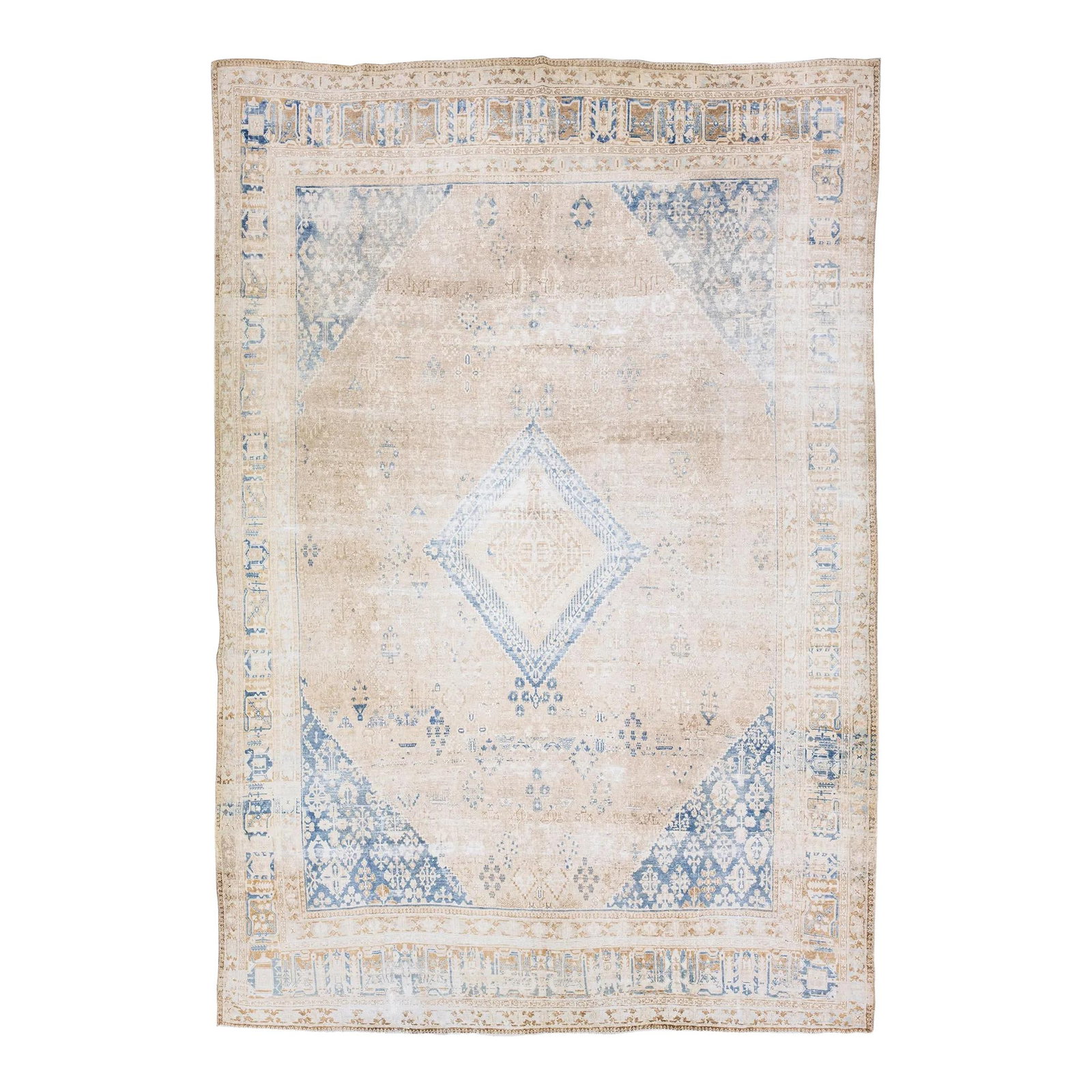 1920s Handmade Antique Persian Beige Wool Medallion Rug 10 x 14'6: 1920s Handmade Antique Persian Beige Wool Medallion Rug 10 x 14'6 This exquisite antique Persian rug from the 1920s showcases a stunning hand-knotted wool construction with a distressed finish. The ru