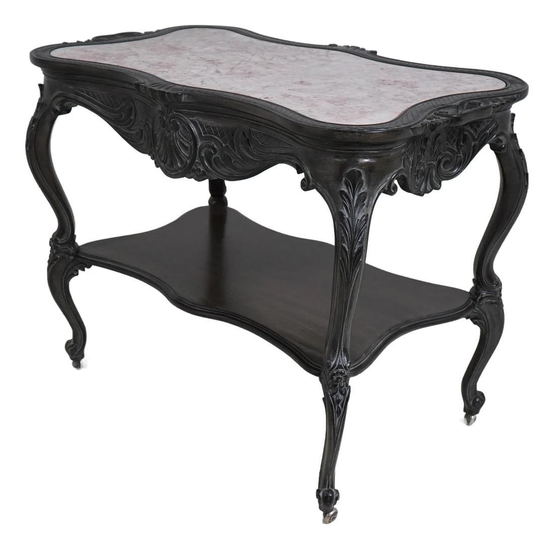 French Ebonized Marble Top Bar Cart with Carved Details: French Ebonized Marble Top Bar Cart with Carved Details This exquisite French Ebonized Marble Top Rolling Bar Cart Server showcases exceptional quality and craftsmanship. With its fine carved details 