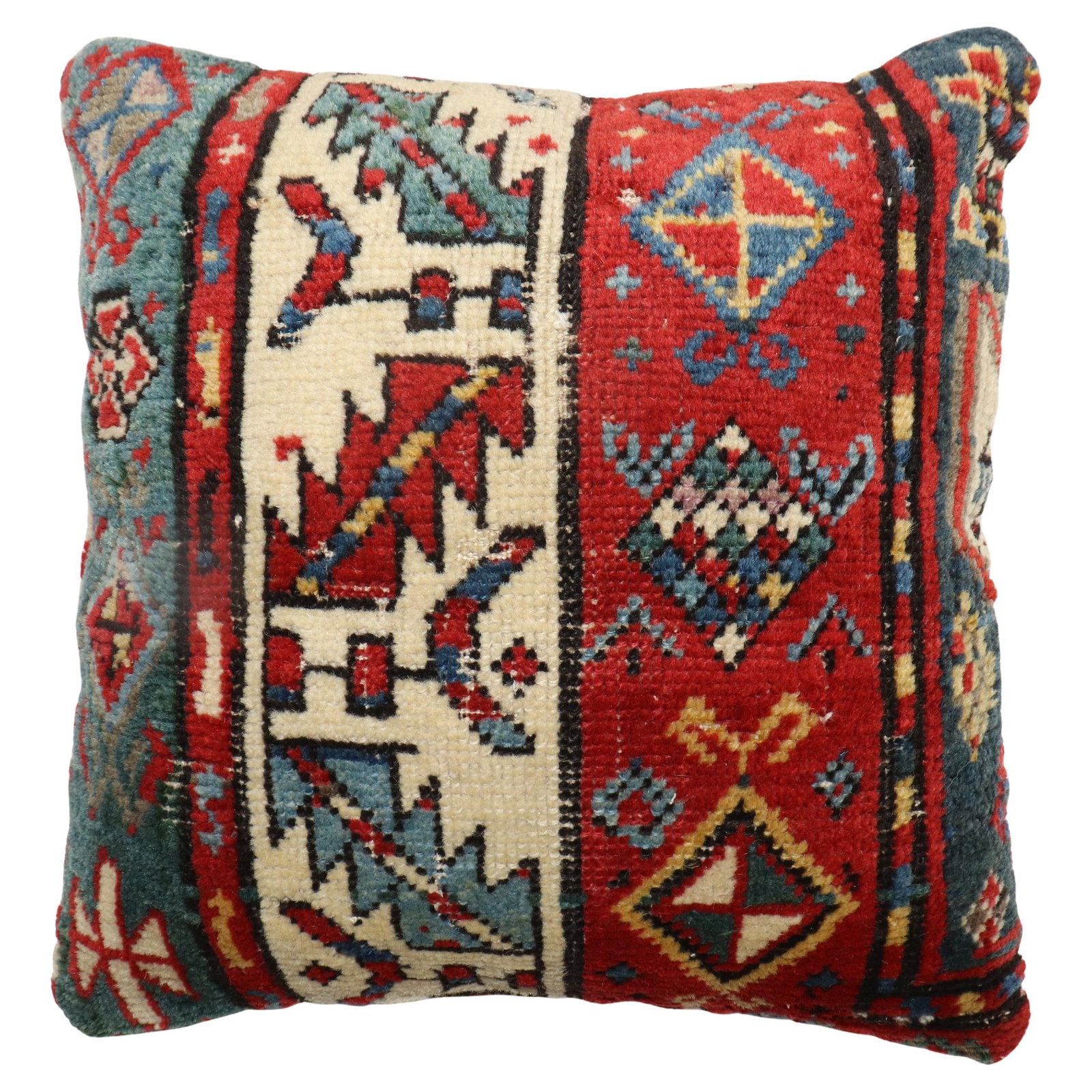 Rustic Hand-Knotted 20th Century Caucasian Rug Pillow 16x16: Rustic Hand-Knotted 20th Century Caucasian Rug Pillow 16x16 This exquisite pillow from the Zabihi Collection features a design crafted from an early 20th-century Caucasian rug, embodying rustic charm.