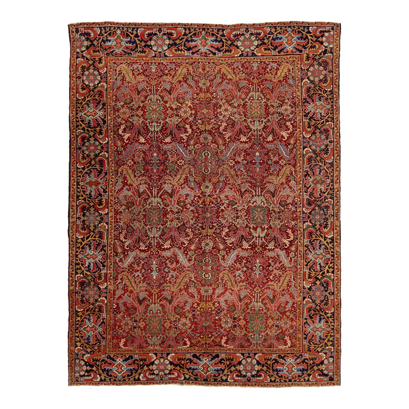 Antique Persian Heriz Wool Rug 9'5 x 12'6 Red Allover Design: Antique Persian Heriz Wool Rug 9'5 x 12'6 Red Allover Design This exquisite antique Persian Heriz wool rug showcases a vibrant multicolor allover design against a rich deep red background. Perfect for