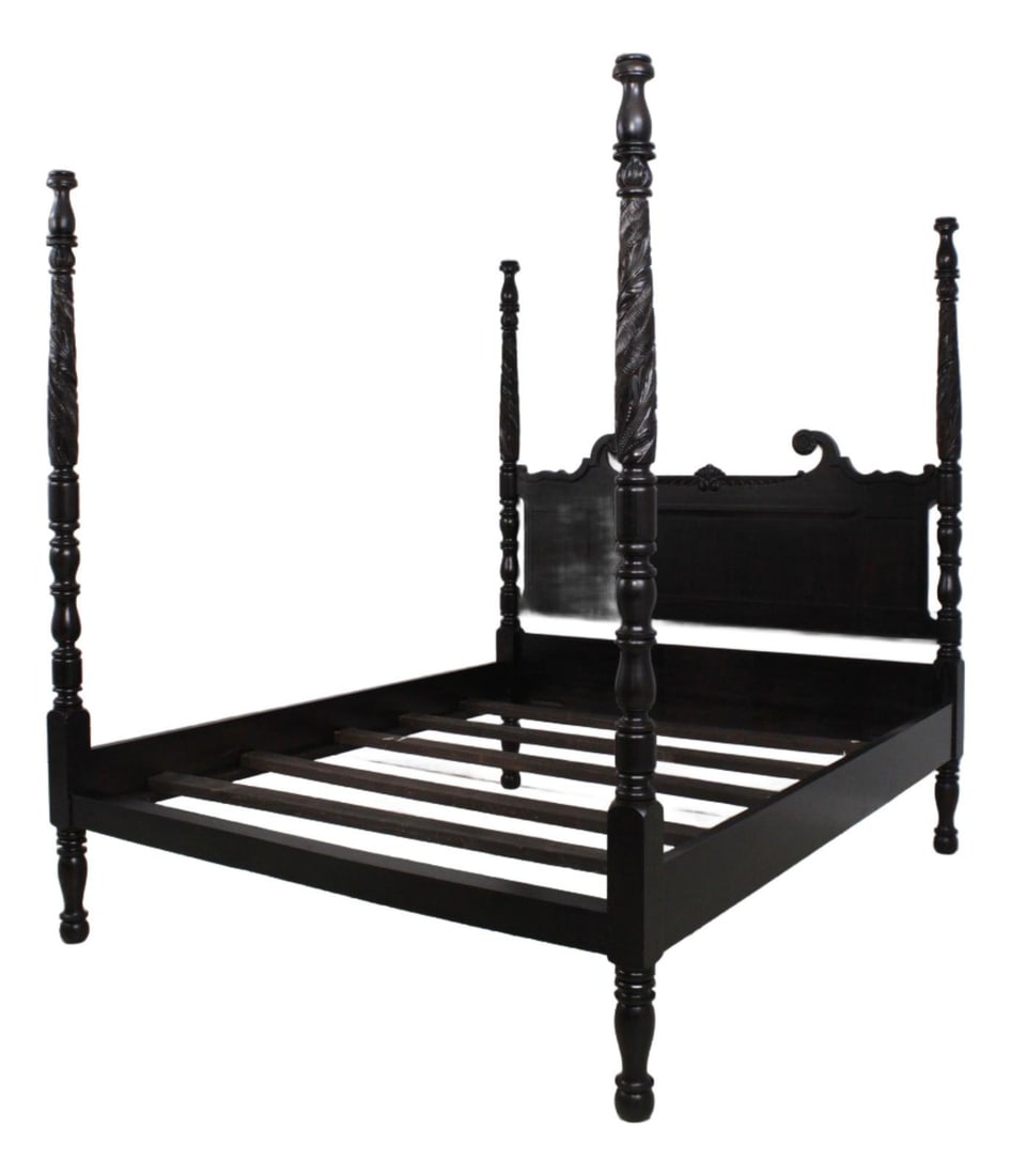 King Plantation Style Poster Bed in Black Wood with Carved Details (1 of 10)