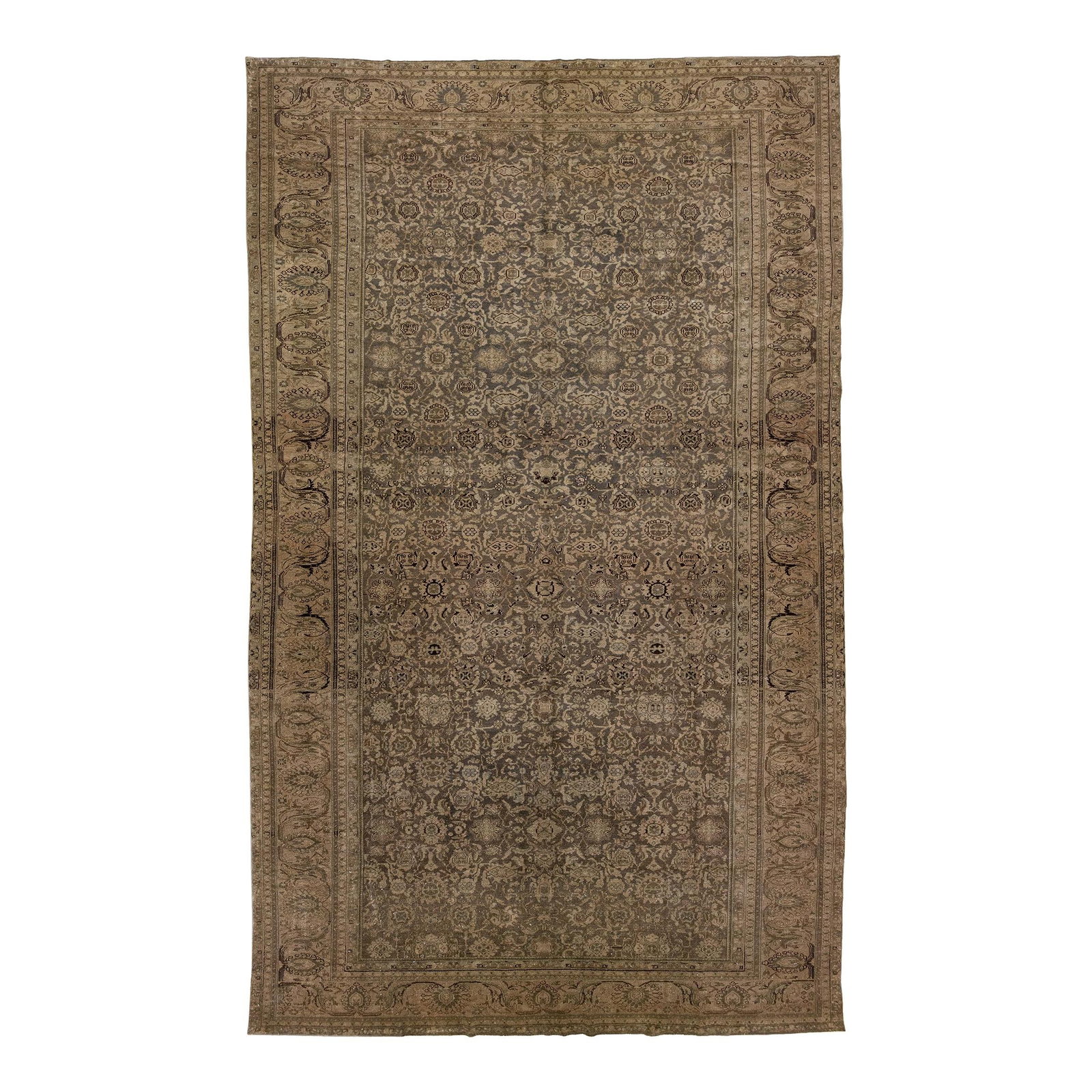 Antique Tabriz Persian Wool Rug 10'6 x 17'5 Allover Floral Design: Antique Tabriz Persian Wool Rug 10'6 x 17'5 Allover Floral Design This exquisite antique Tabriz rug from the 1900s features a rich brown color field and an intricate all-over floral motif, accented wi