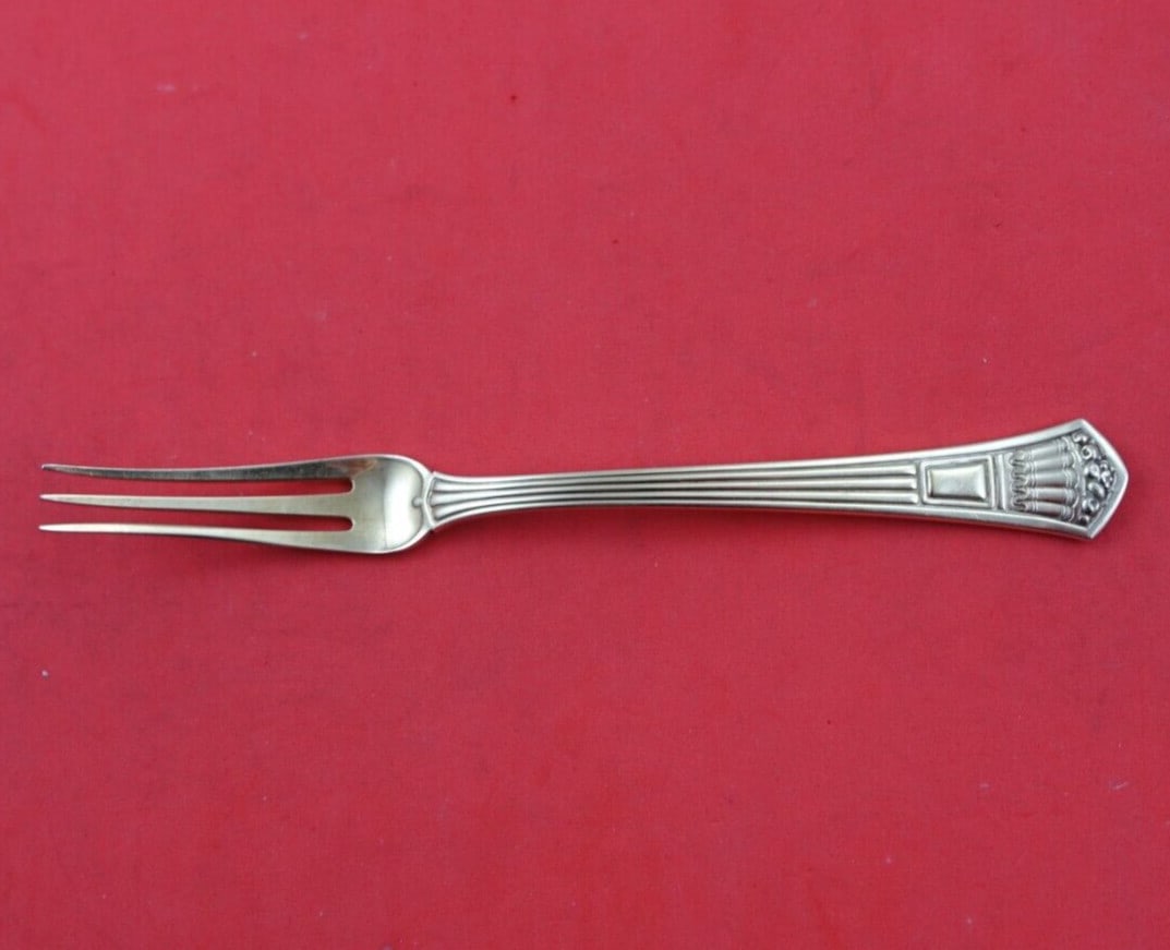 Tiffany & Co Sterling Silver Fruit Fork Vermeil 6 1/8" Antique 1850-1899: Tiffany & Co Sterling Silver Fruit Fork Vermeil 6 1/8" Antique 1850-1899 This exquisite fruit fork from Tiffany & Co. showcases a beautiful blend of functionality and elegance. Crafted from sterling s