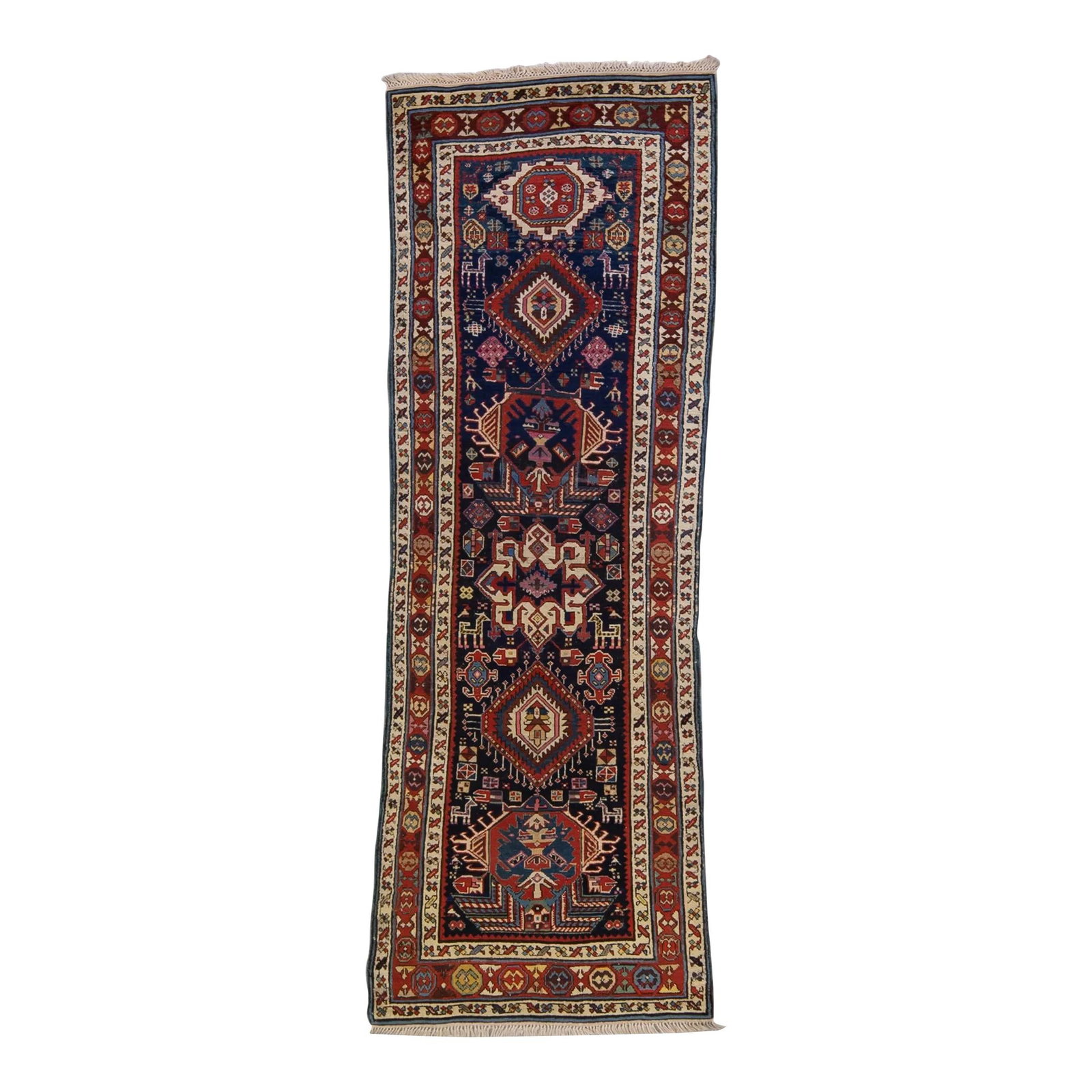 Antique North West Persian Wool Runner Tribal Motif 3'4 x 9'6: Antique North West Persian Wool Runner Tribal Motif 3'4 x 9'6 This Antique North West Persian runner rug showcases a captivating tribal motif in rich navy blue. Crafted from high-quality wool, it feat