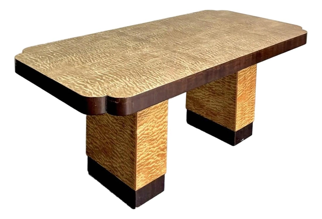Art Deco Burlwood Rectangular Dining Table With Notched Corners And Pedestal Base (1 of 7)