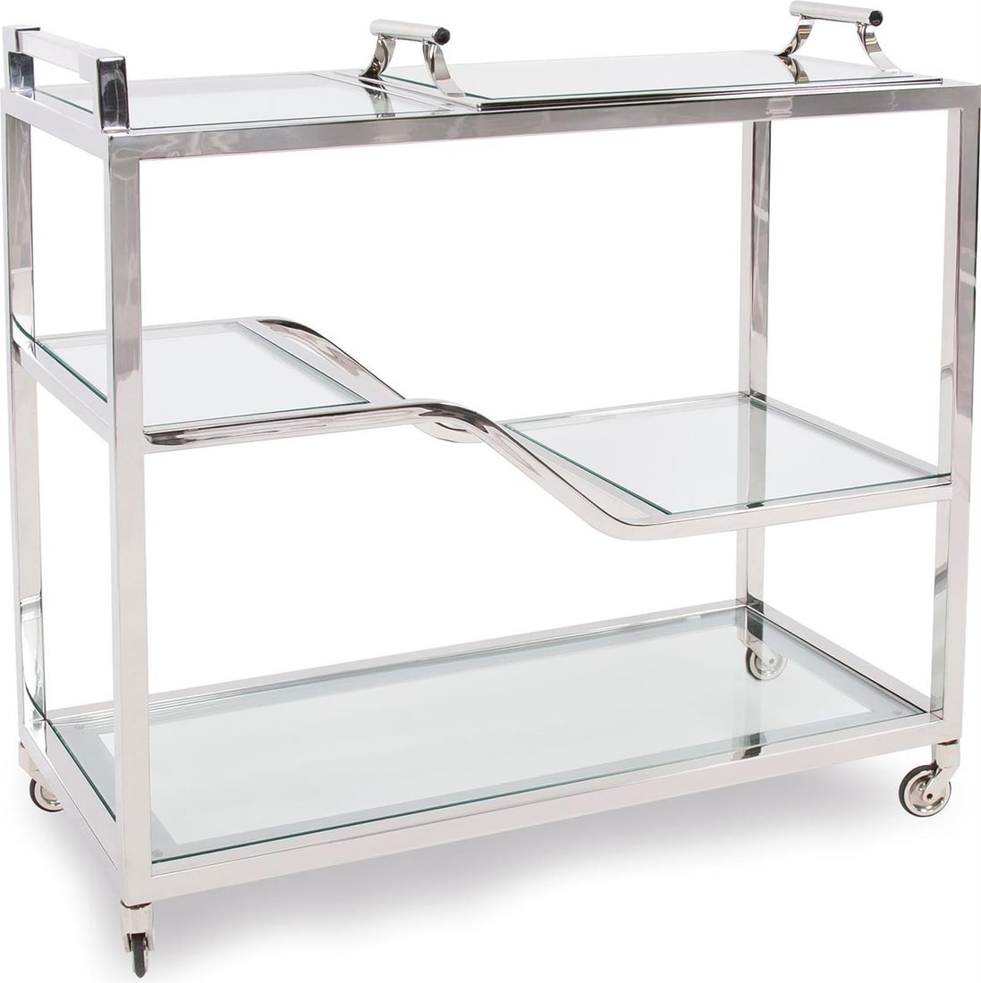 Howard Elliott Modern Polished Silver Bar Trolley 32.25H: Howard Elliott Modern Polished Silver Bar Trolley 32.25H Elevate your entertaining experience with this modern bar trolley, designed for both functionality and style. Featuring a sleek polished silver