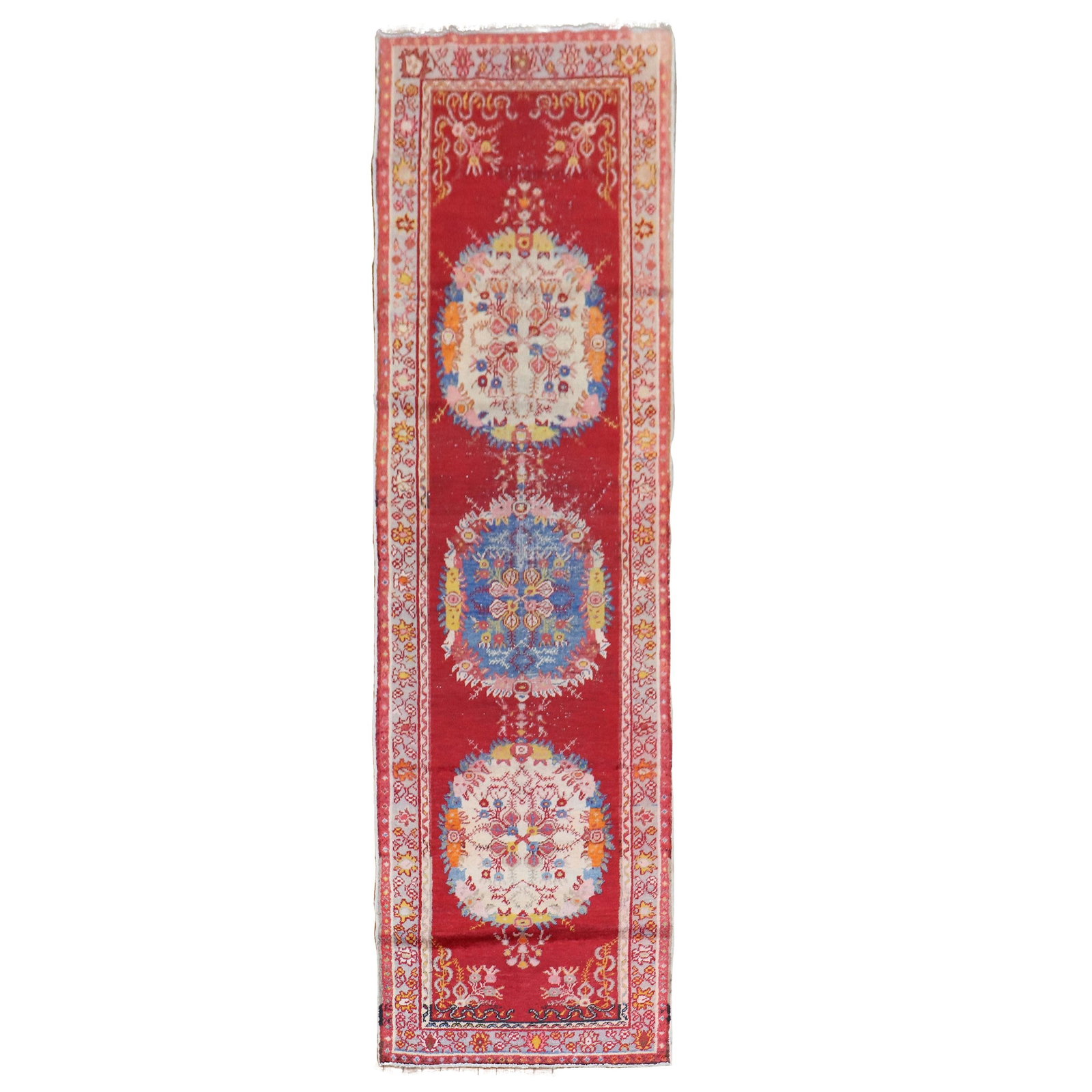 Vintage Turkish Oushak Runner Red Wool Hand-Knotted 20th Century: Vintage Turkish Oushak Runner Red Wool Hand-Knotted 20th Century This stunning vintage Turkish Oushak runner features a vibrant red field adorned with three intricate medallions, showcasing the