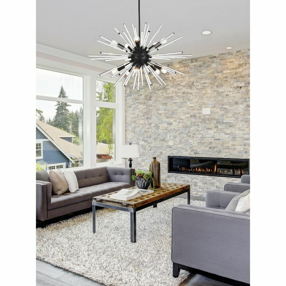 10 Light Black Sputnik Chandelier with Clear Glass Rods 36 Inch: 10 Light Black Sputnik Chandelier with Clear Glass Rods 36 Inch This modern Sputnik-style chandelier features a black metal frame with clear glass rods, offering a striking design suitable for living 