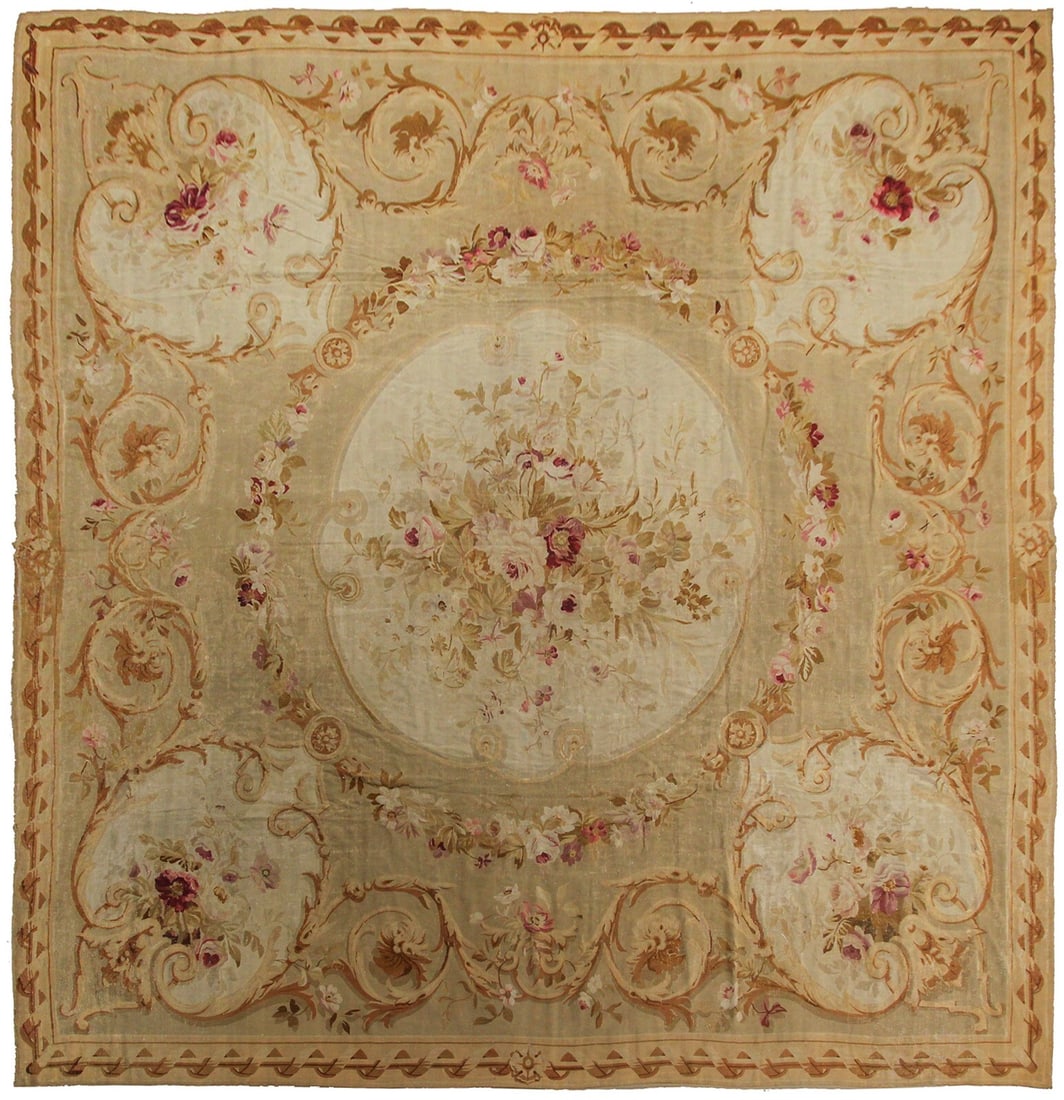 Antique French Aubusson Wool Area Rug 13x15 Flat Weave: Antique French Aubusson Wool Area Rug 13x15 Flat Weave This authentic antique French Aubusson area rug is a handwoven piece from the Victorian era, dating to around 1880. Crafted in France with a flat