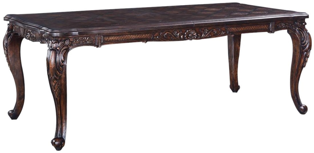 Extendable Solid Wood French Parquet Top Dining Table: Extendable Solid Wood French Parquet Top Dining Table This stunning French Style Extendable Dining Table features a beautifully carved design with a distressed walnut parquet top, perfect for adding e
