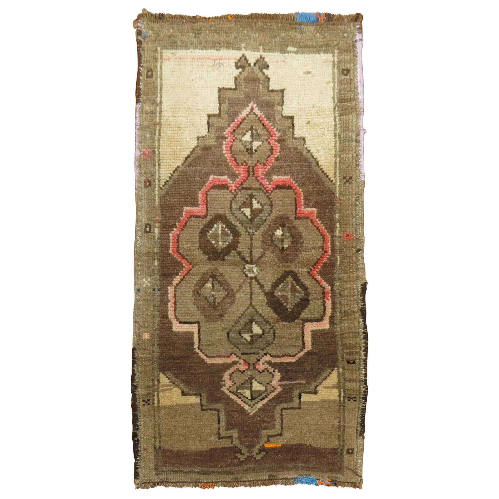 19 x 36 Inch Vintage Hand-Knotted Wool Anatolian Folk Art Rug: 19 x 36 Inch Vintage Hand-Knotted Wool Anatolian Folk Art Rug This is a unique vintage Anatolian Turkish rug crafted in the 20th century, circa 1940. Featuring a folk art style, the rug is hand-knotte