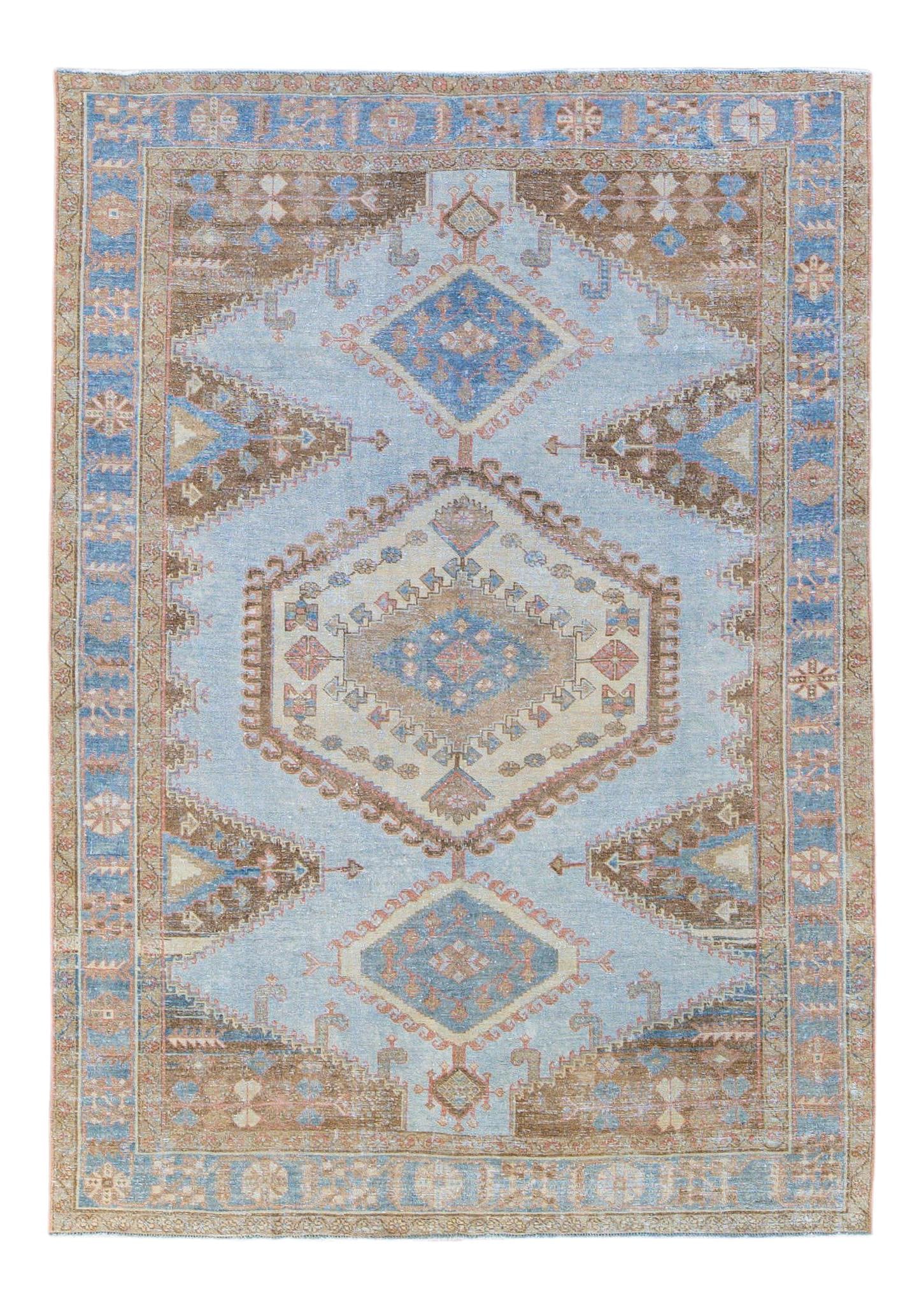 Vintage Malayer Hand-Knotted Blue Wool Rug 7'1 x 10'4 Medallion Design: Vintage Malayer Hand-Knotted Blue Wool Rug 7'1 x 10'4 Medallion Design This stunning vintage Malayer rug showcases exquisite hand-knotting with a captivating blue field complemented by rich brown and 
