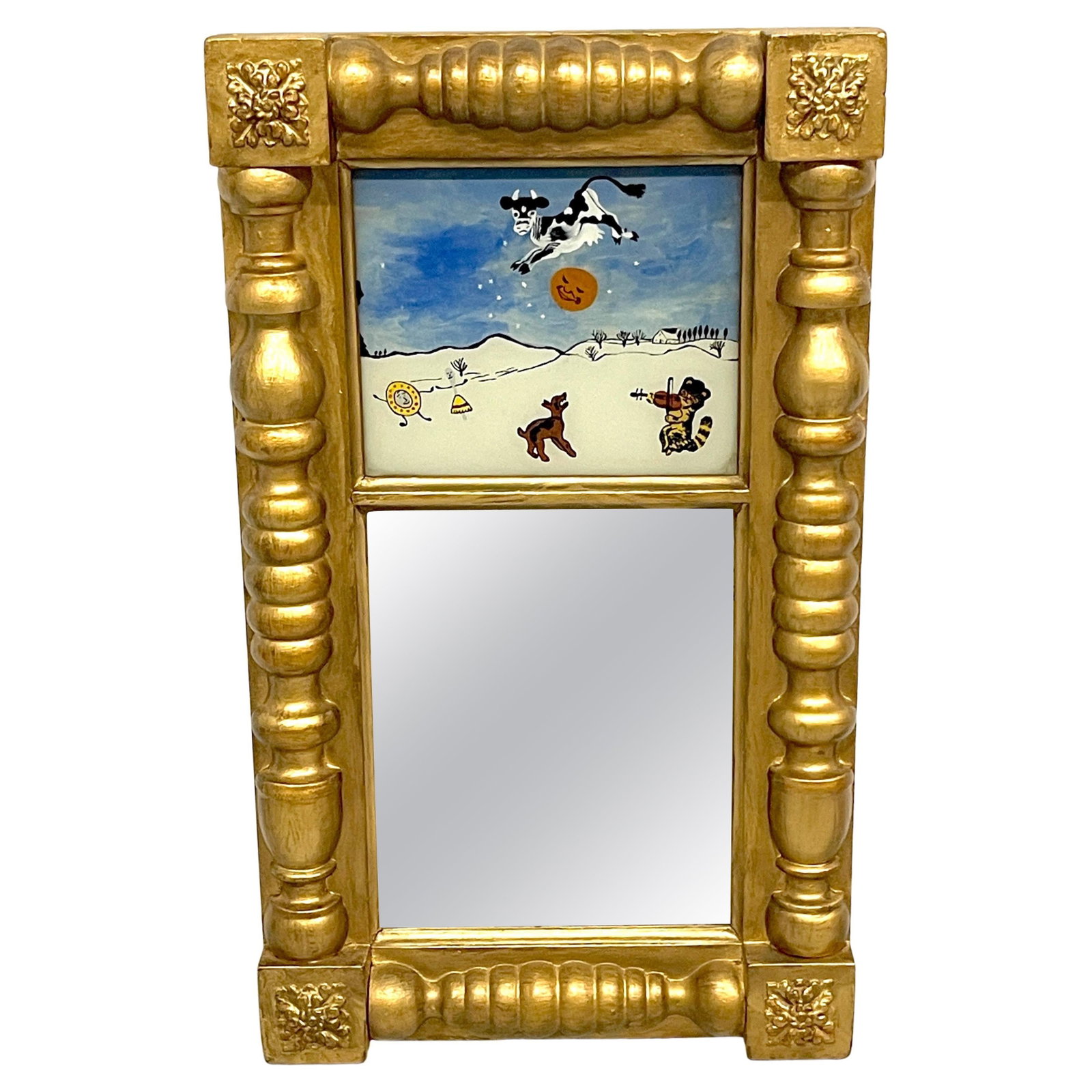 Mid-19th Century English Eglomise Hey Diddle Diddle Mirror: Mid-19th Century English Eglomise Hey Diddle Diddle Mirror This exquisite Antique English Reverse Painted 'Hey Diddle Diddle' Eglomise Child's Mirror dates back to the mid-19th century, specifically c