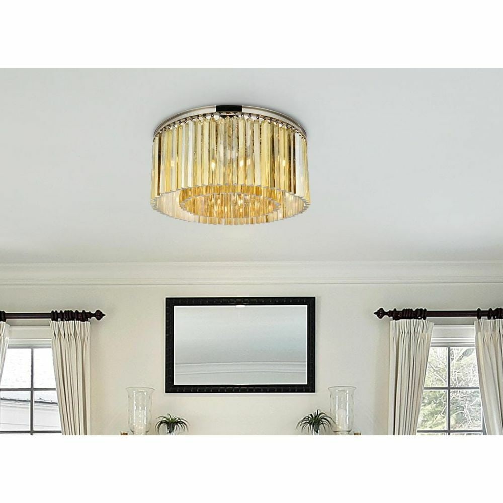 Sydney 8-Light Crystal Flush Mount Chandelier Polished Nickel 31.5: Sydney 8-Light Crystal Flush Mount Chandelier Polished Nickel 31.5 This contemporary flush mount chandelier features eight lights and a polished nickel frame adorned with high-quality golden teak roya