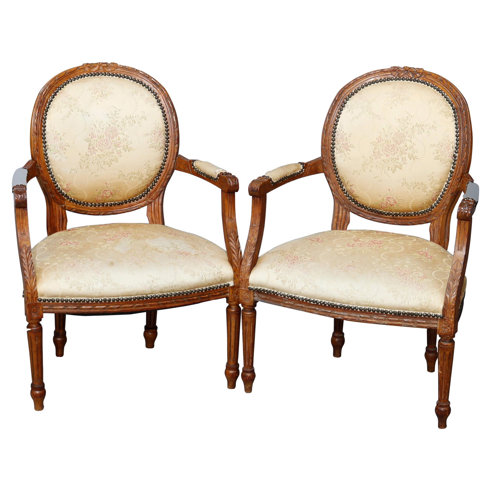 19th Century Antique French Louis XVI Carved Walnut Armchair Set of 2 (1 of 8)