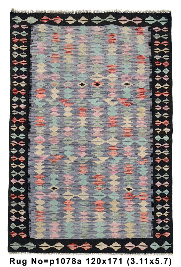 Handmade 3.11 x 5.7 Feet Kilim Rug in Vibrant Multi-Color Wool: Handmade 3.11 x 5.7 Feet Kilim Rug in Vibrant Multi-Color Wool Free continental US Shipping Elevate your living space with this exquisite 3.11 x 5.7 Gray Black Natural Wool Flat Weave Handmade Kilim R