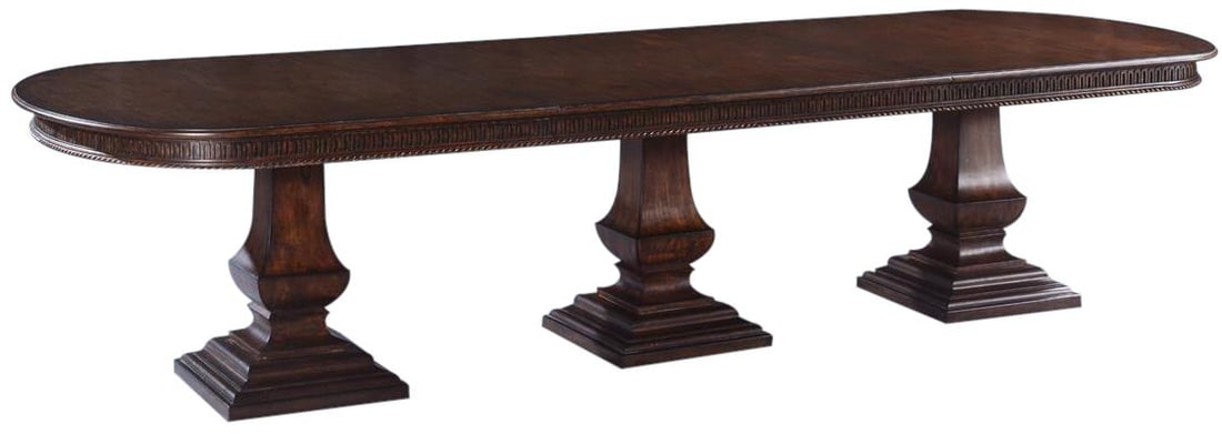 Tuscan Style Triple Pedestal Dining Table in Antiqued Walnut: Tuscan Style Triple Pedestal Dining Table in Antiqued Walnut Enhance your dining experience with this Timeless Tuscan Style Dining Table, perfect for kitchens and entertaining. Crafted from solid wood