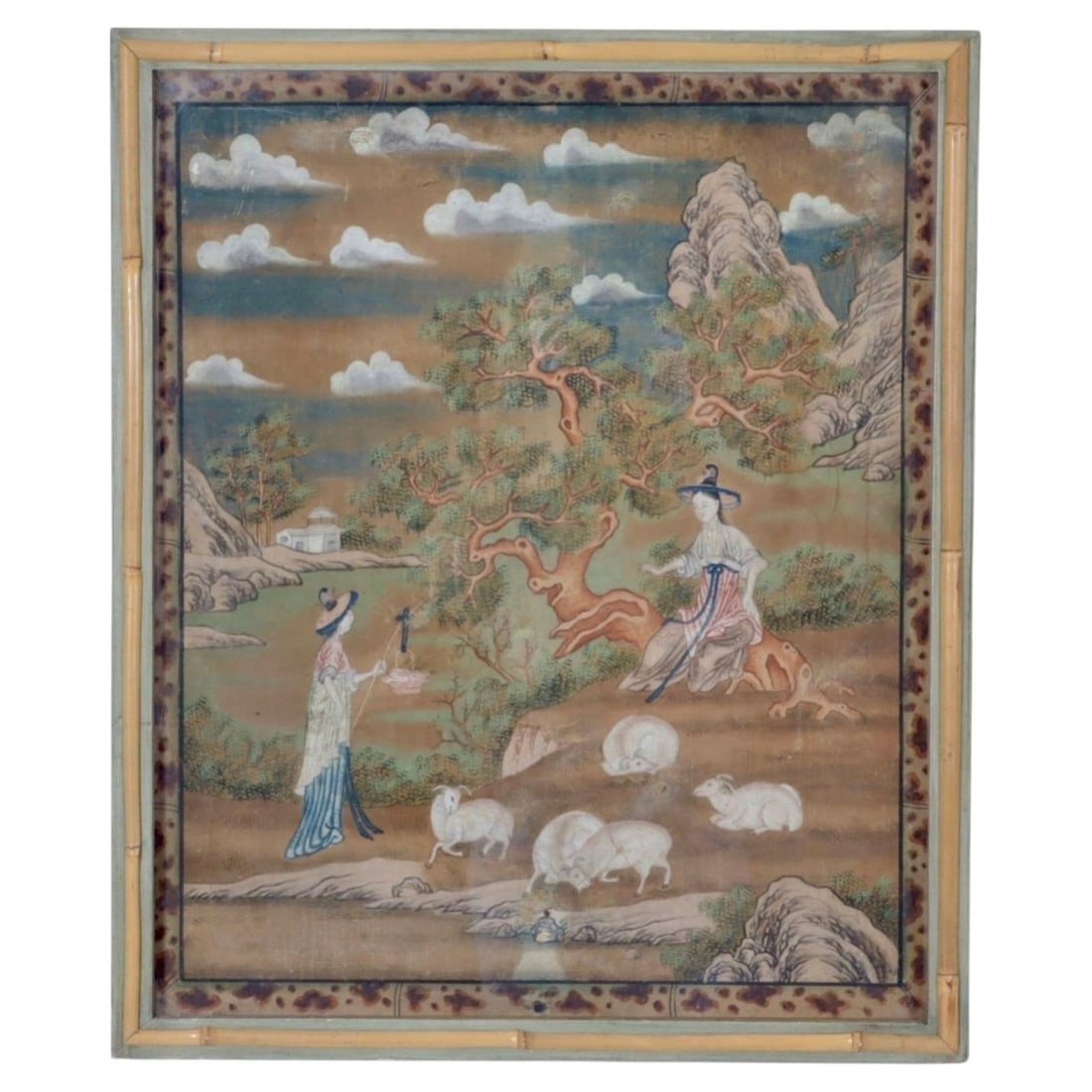 Qing Era Chinese Export Pith Painting Court Ladies Stair & Co: Qing Era Chinese Export Pith Painting Court Ladies Stair & Co This late 18th-century Chinese export painting from the Qing period depicts an elegant pastoral scene designed for the Western market. The