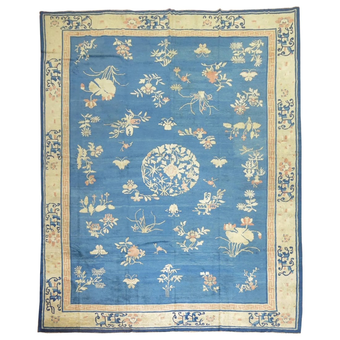 Early 20th Century Chinese Peking Wool Carpet 106 x 136: Early 20th Century Chinese Peking Wool Carpet 106 x 136 Discover this enchanting early 20th century Chinese Peking carpet, showcasing a beautiful soft blue background complemented by a beige border an