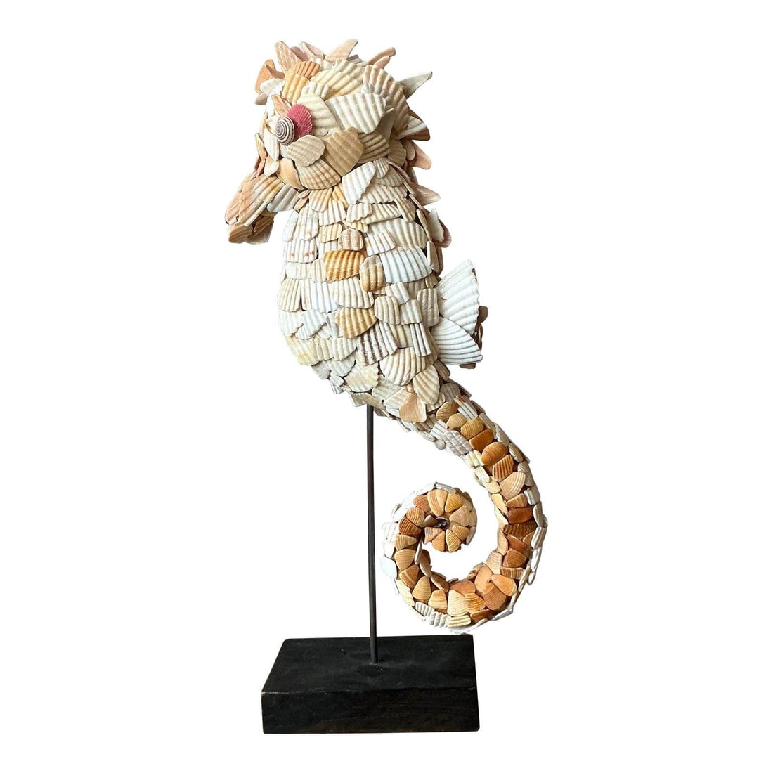 Handcrafted Shell Mosaic Seahorse Sculpture on Wood and Metal Stand (1 of 9)
