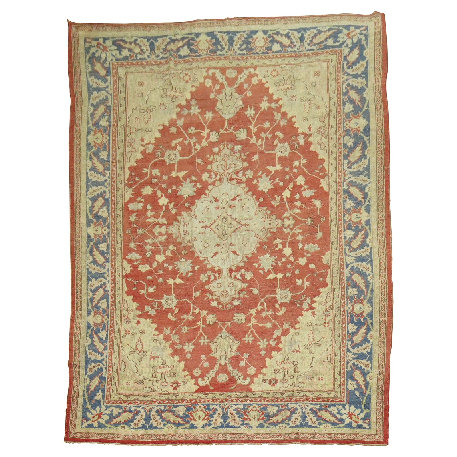 Antique Turkish Oushak Rug 8'9" x 11'9" Hand-Knotted Wool: Antique Turkish Oushak Rug 8'9" x 11'9" Hand-Knotted Wool This exquisite early 20th-century Turkish Oushak rug features a stunning medallion and border pattern set against a rich red field, showcasing