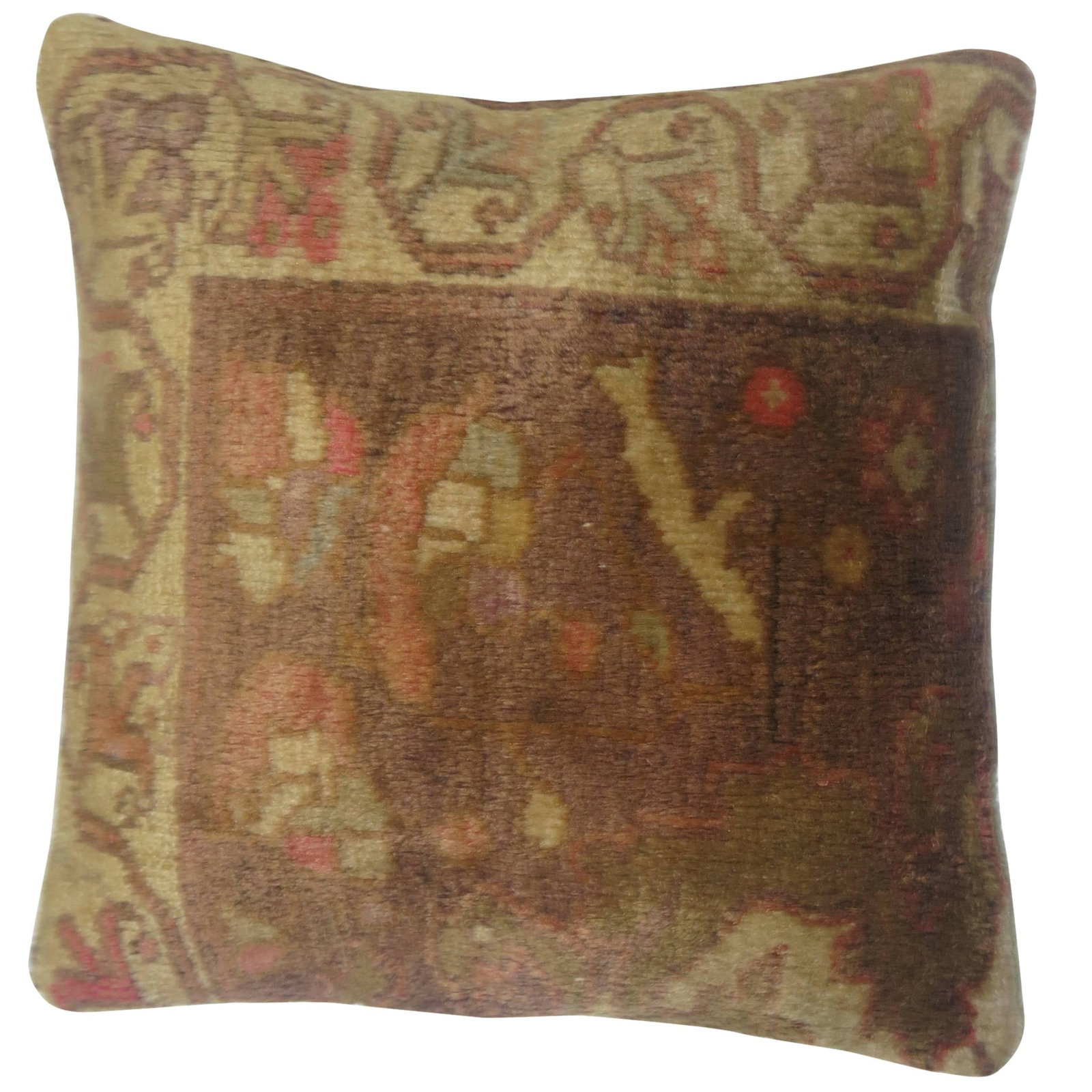 18 x 18 Turkish Anatolian Rug Pillow: 18 x 18 Turkish Anatolian Rug Pillow This pillow is crafted from a Turkish Anatolian rug, featuring a floral design and Rococo style. Made with cotton, wool, and foam, it offers a unique decorative ac