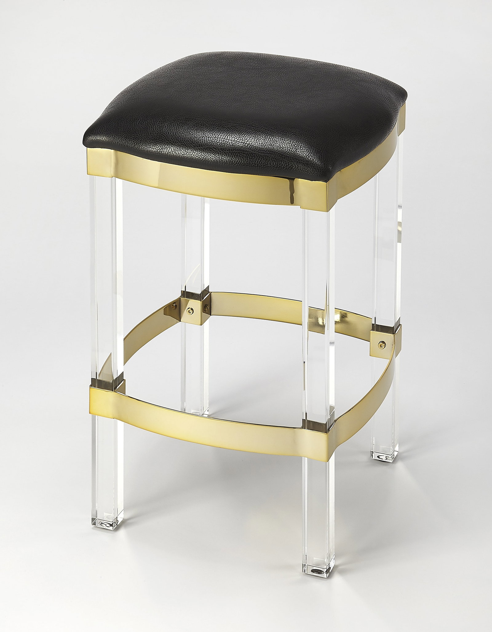 Butler Modern Jordan Counter Stool in Black Leather and Acrylic: Butler Modern Jordan Counter Stool in Black Leather and Acrylic Elevate your space with this stylish Modern Elegance Leather & Acrylic Stool. Featuring a sleek rectangular design, this stool combines 
