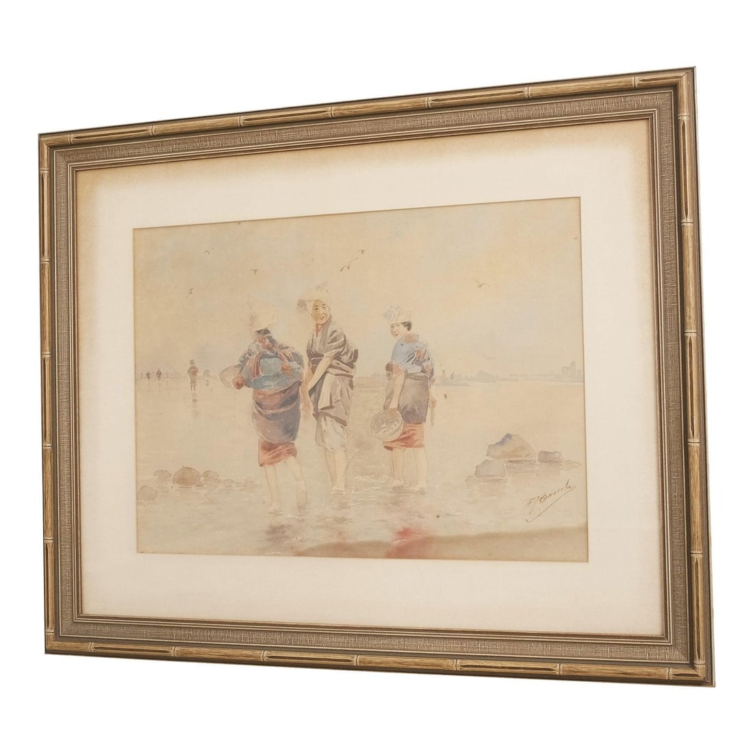 Chinese Signed Framed Watercolor of Three Asian Women 31.5x26 Art: Chinese Signed Framed Watercolor of Three Asian Women 31.5x26 Art This exquisite piece features a signed pastel watercolor depicting three Asian women, showcasing high-quality craftsmanship typical of