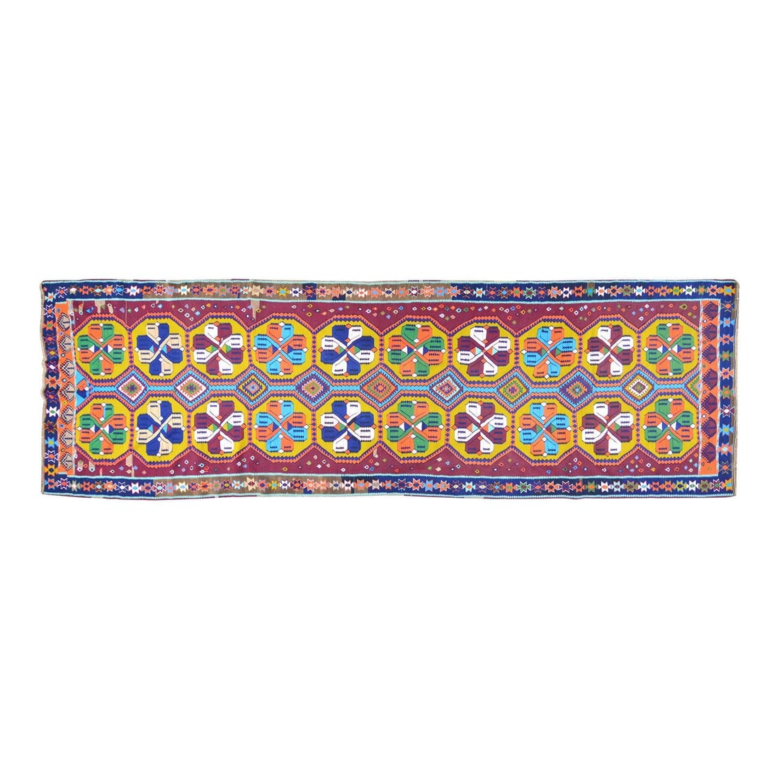 Wool Flatweave Kilim Rug in Turkish Style 4'9" x 15'9": Wool Flatweave Kilim Rug in Turkish Style 4'9" x 15'9" This vintage Turkish flatweave kilim rug is expertly crafted from wool using traditional rug-making techniques. Combining timeless artistry with 