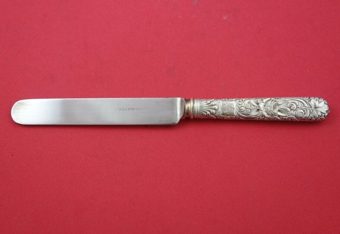 Gorham Sterling Silver Luncheon Knife Number 60 8 5/8 in Monogrammed: Gorham Sterling Silver Luncheon Knife Number 60 8 5/8 in Monogrammed This exquisite luncheon knife from Gorham, crafted in 1885, showcases the elegant Number 60 pattern. Made of high-quality sterling 