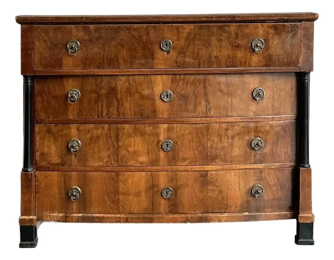 Burl Wood French Empire Chest With Brass Accents And Hidden Secretaire: Burl Wood French Empire Chest With Brass Accents And Hidden Secretaire This vintage French Empire marquetry secretaire showcases exquisite burl wood craftsmanship, highlighted by swirling grain patter
