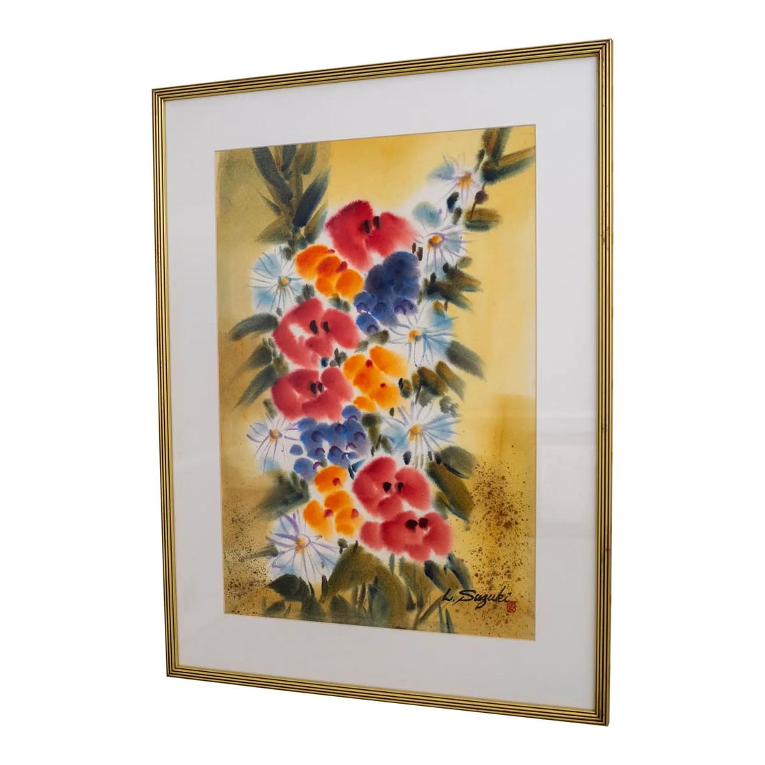 Iwao Lewis Suzuki Colorful Floral Watercolor Painting Signed Vintage: Iwao Lewis Suzuki Colorful Floral Watercolor Painting Signed Vintage This vibrant Abstract Still Life watercolor painting features a stunning arrangement of colorful flowers, skillfully rendered by th