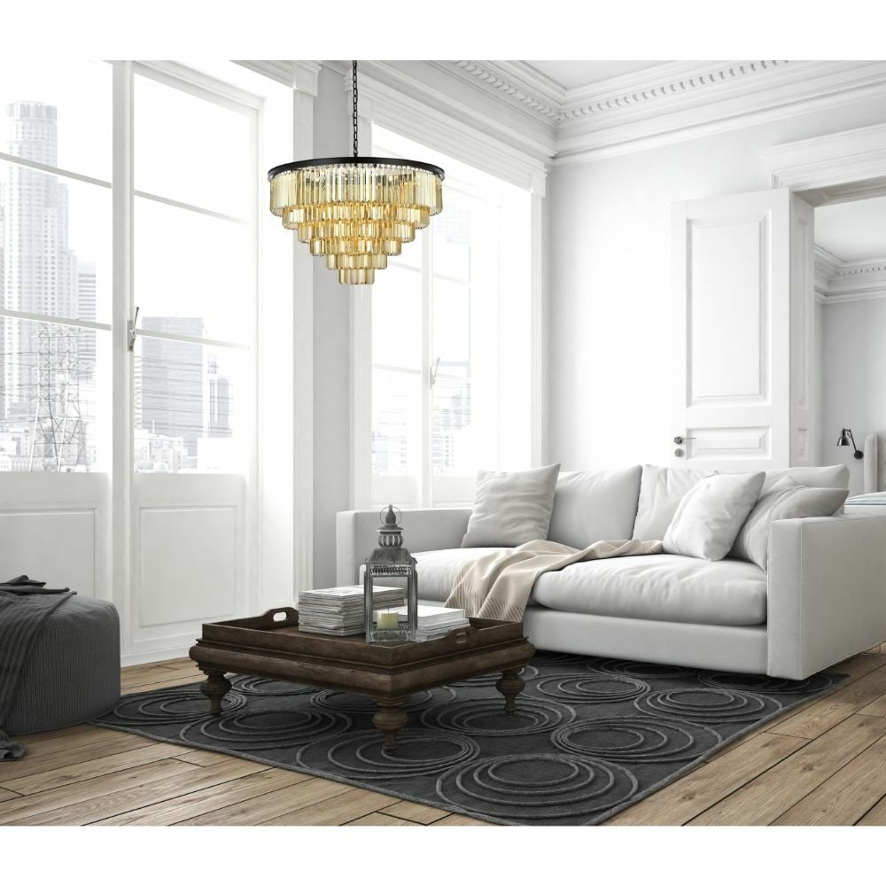 Sydney 33-Light Matte Black Crystal Chandelier 44 Inch: Sydney 33-Light Matte Black Crystal Chandelier 44 Inch This large modern chandelier features a striking matte black frame adorned with high-quality golden teak crystals, creating a contemporary look i