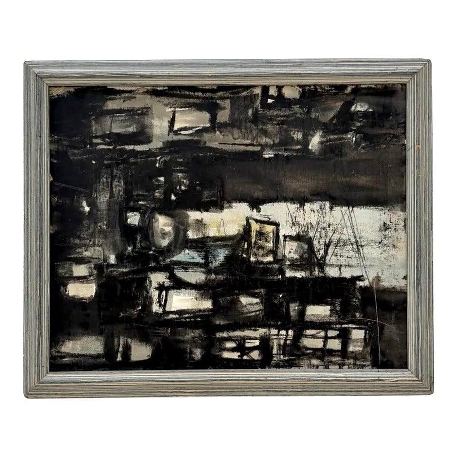 Vintage Abstract Expressionism Oil Painting Charcoal Frame 23 x 19: Vintage Abstract Expressionism Oil Painting Charcoal Frame 23 x 19 This vintage abstract expressionism oil painting features a captivating composition in a dark, earthy color palette. The canvas is do