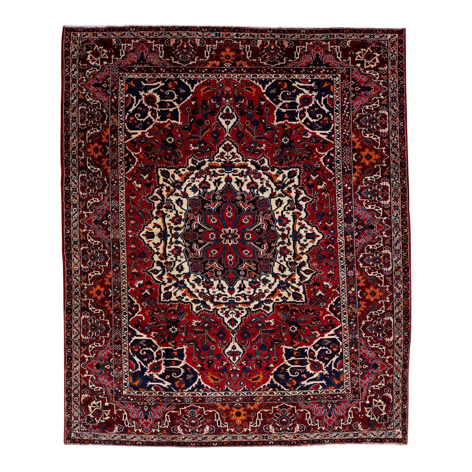 Antique Persian Bakhtiari Wool Rug 10'8 x 13'3 Red Medallion Design: Antique Persian Bakhtiari Wool Rug 10'8 x 13'3 Red Medallion Design Enhance your space with this exquisite Antique Bakhtiari hand-knotted wool rug, featuring a striking red field adorned with a classi