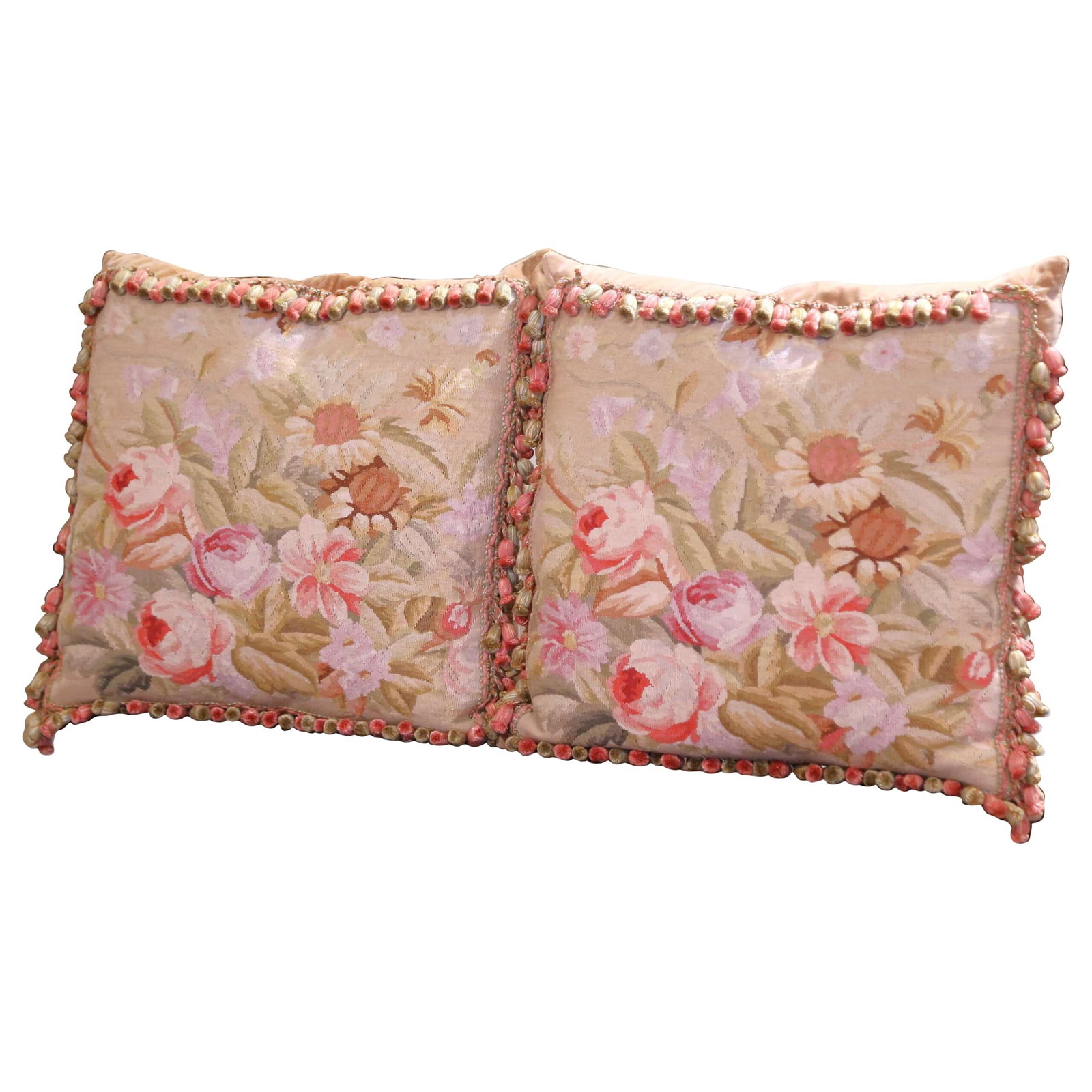 Vintage Set of 2 19th Century Aubusson Tapestry Floral Pillows: Vintage Set of 2 19th Century Aubusson Tapestry Floral Pillows Enhance your living space with this exquisite pair of vintage floral tapestry pillows, crafted from 19th century Aubusson tapestry in Fra