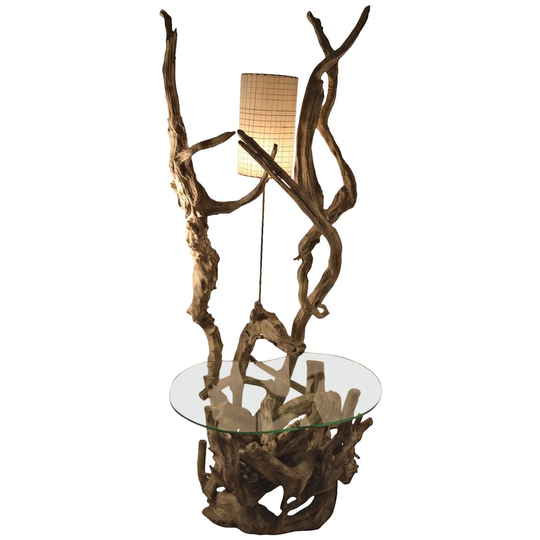 Mid Century Large Driftwood Table Lamp with Glass Top: Mid Century Large Driftwood Table Lamp with Glass Top This stunning Large Driftwood Lamp serves as both a functional light source and an artistic table. Featuring an original kidney-shaped glass surfa